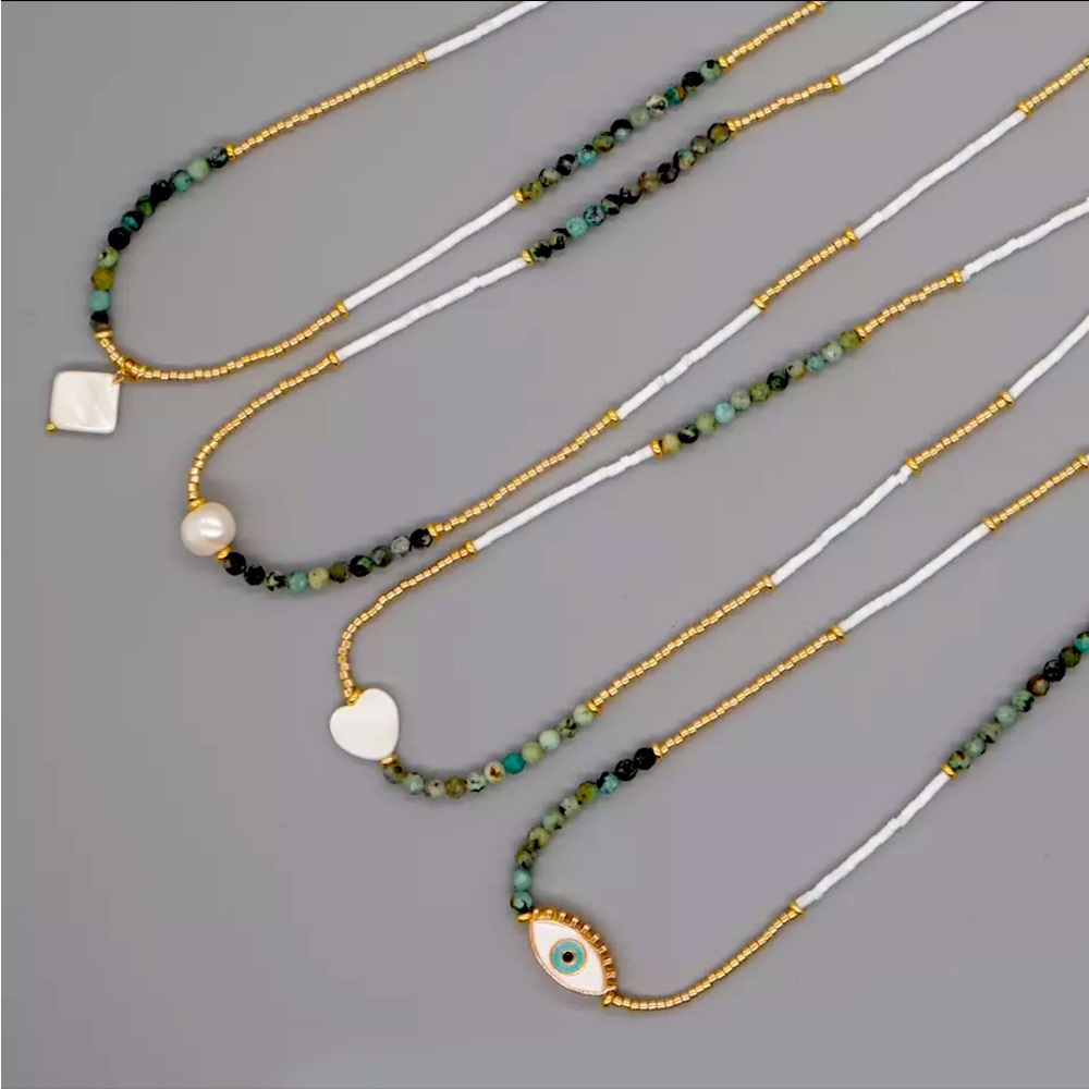 Simple Beaded Boho Necklace, Evil Eye with Natural Stones and Miyuki Seed Beads